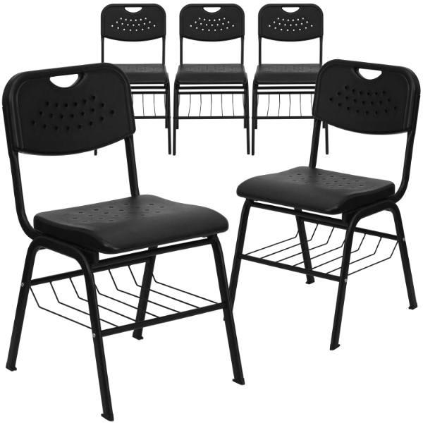 Flash Furniture Hercules 880lb Capacity Black Plastic Chair, Black Frame Book Basket, Pack Of 5