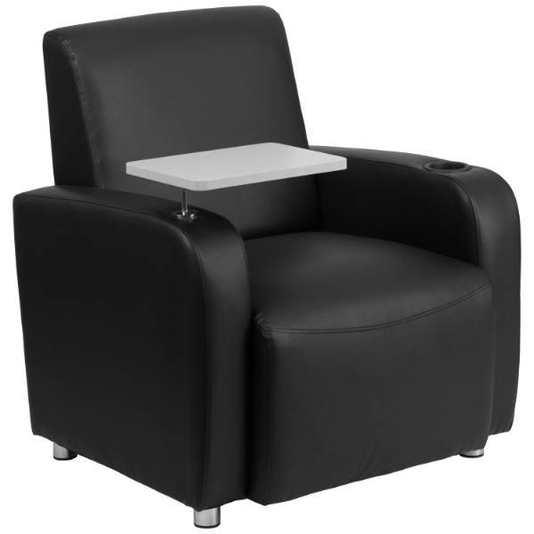 Flash Furniture Black Leather Guest Chair With Tablet Arm, Chrome Legs And Cup Holder