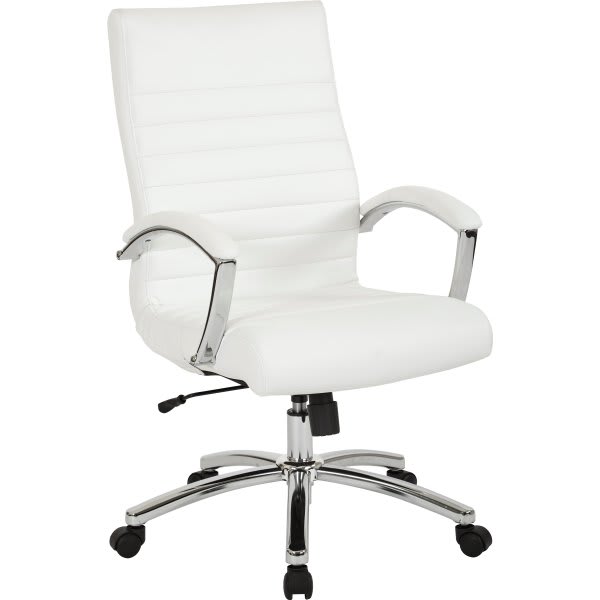 Worksmart Mid-Back Chair, White Faux Leather, Padded Arms And Chrome Finish Base