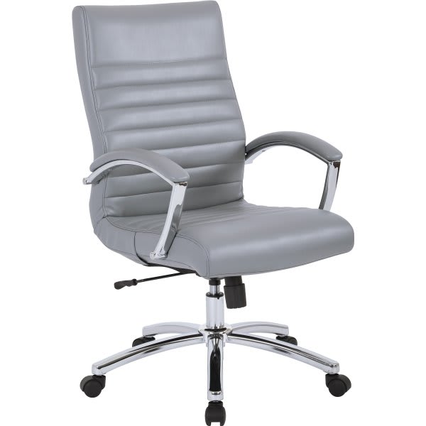 Worksmart Mid-Back Chair, Grey Faux Leather, Padded Arms And Chrome Finish Base