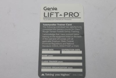 Genie Part # 117522GT – Card, Telehandler, Trainer