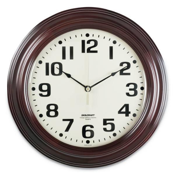 Skilcraft Mahogany Wall Clock, 16 Overall Diameter, Mahogany Case, 1 Aa