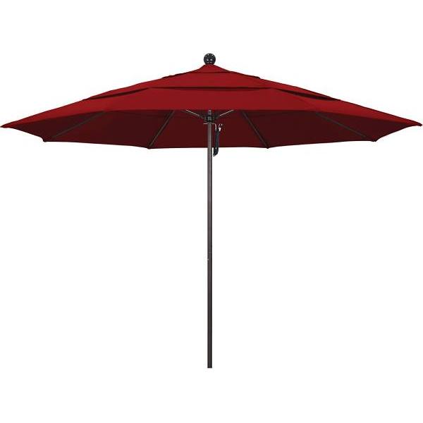 California Umbrella 11' Venture Series Umbrella Bronze Alum Pole Fiberglass Ribs Push Open Sunbrella Jockey Red Fabric