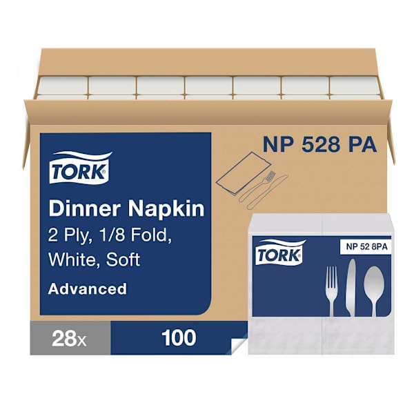 Tork Advanced Soft Dinner Napkins, 1/8 Fold, White, Key Embossed, 2,800 Napkins/Case (28 Packs of 100)
