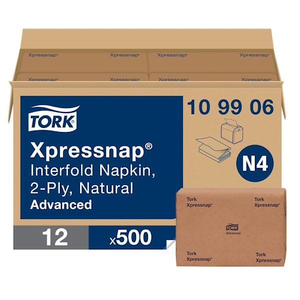 Tork Xpressnap Dispenser Napkins, Recycled, 1-Ply, Natural, 8.5" x 13", N4 System, 6,000 Napkins/Case (12 Packs of 500)