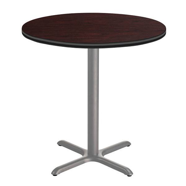 National Public Seating 36"R Café Table 36"H, X Base Mahogany Top, Grey Frame