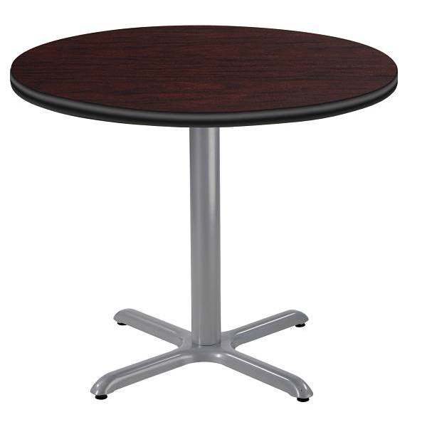 National Public Seating 36"R Café Table 30"H, X Base Mahogany Top Grey Frame