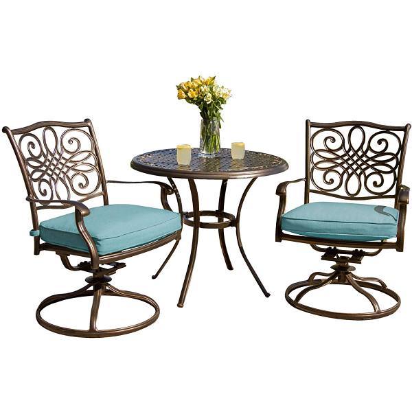 Hanover Traditions Patio Bistro Set With 2 Swivel Rockers With Blue Cushions