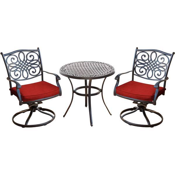 Hanover Traditions Patio Bistro Set With 2 Swivel Rockers With Red Cushions
