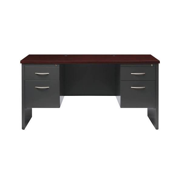 Hirsh 24dx60w Double Pedestal Desk Credenza Arch Pull Handles Charcoal/Mahogany