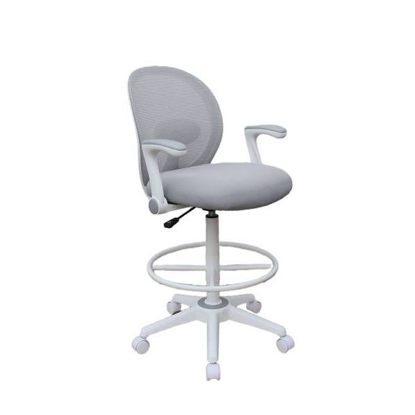 White Frame Gray Fabric Drafting Height Ergonomic Chair With Flip Up Arms