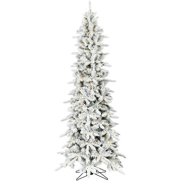 Fraser Hill Farm 9' Slim Mountain Pine Flocked Christmas Tree With LED Lights