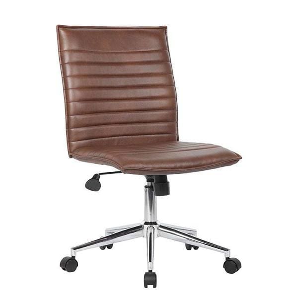 Boss Office Products Armless Chair Ribbed Cushion Brown Vinyl-Steel Chrome Base