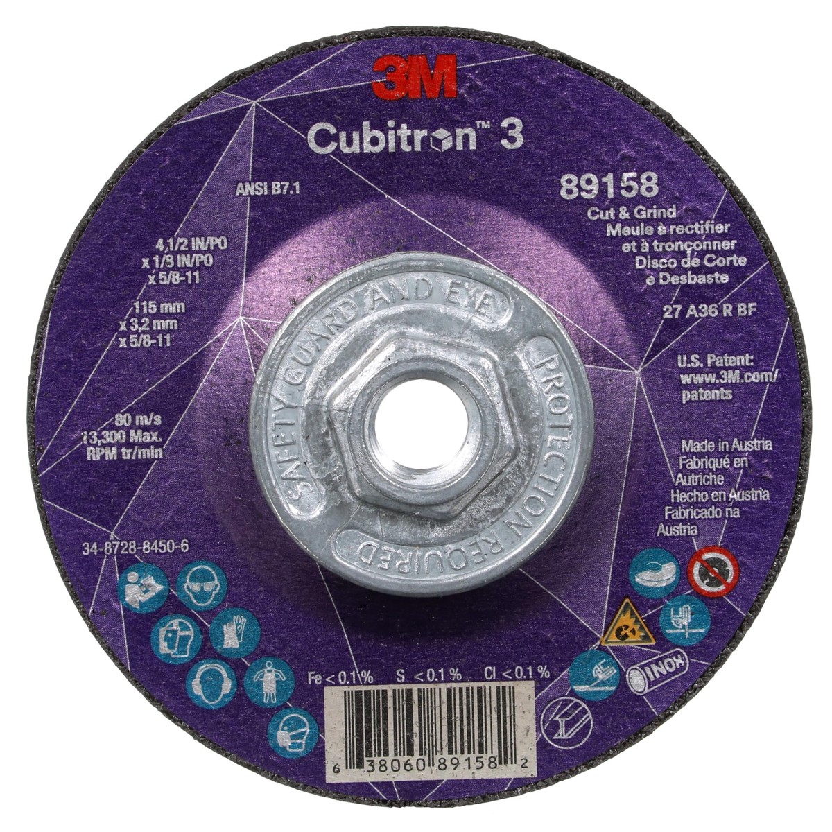 3M Cubitron 3 Cut and Grind Wheel, 89158, 36+, T27, 4-1/2 in x 1/8 in x 5/8 in-11, Pack of 10, ANSI, Longer Life, Faster Cut, Back-Gouging, Fillet Weld Removal, Cutting,