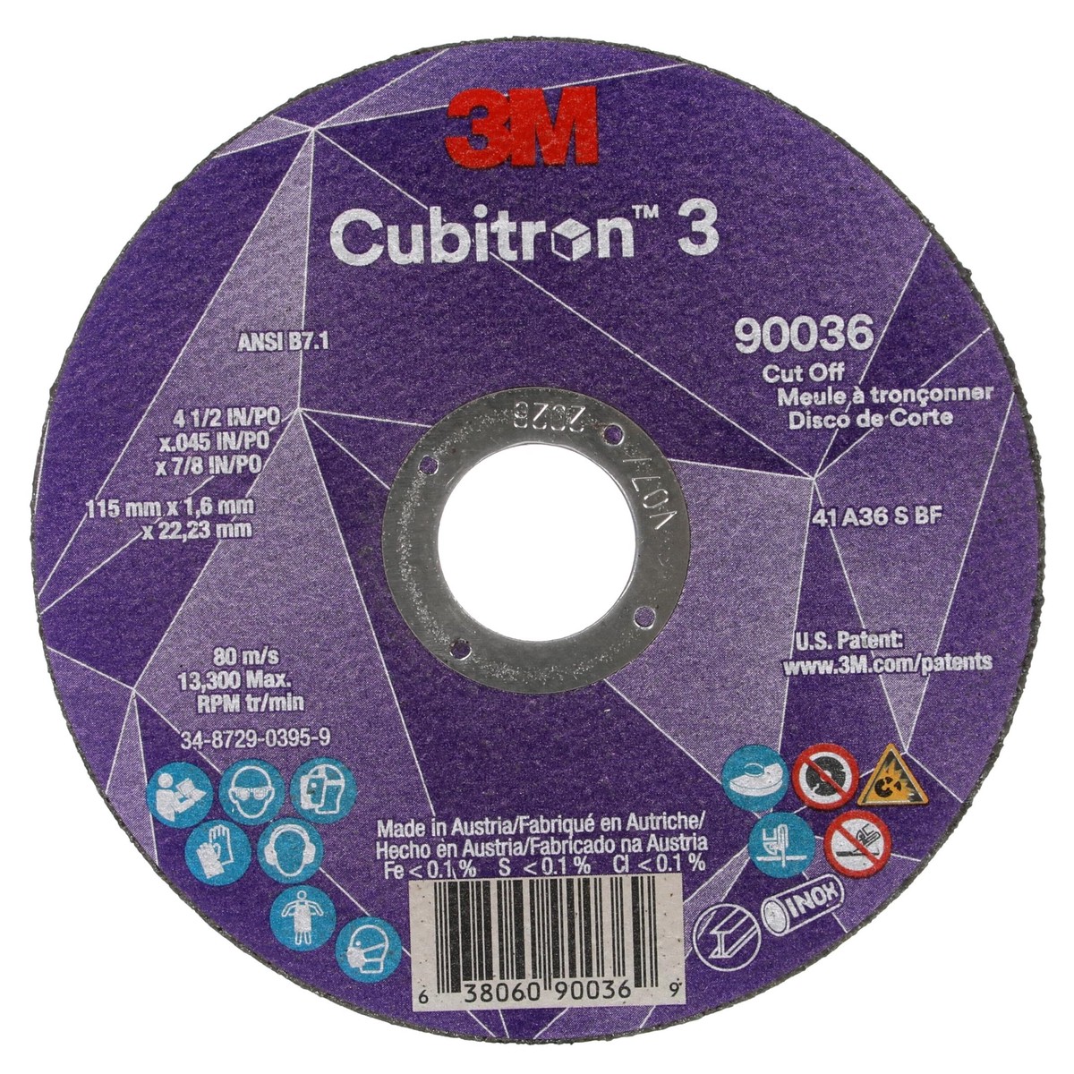 3M Cubitron 3 Cut-Off Wheel, 90041, 36+, T27, 4-1/2 in x 0.045 in x 7/8 in (115 x 1.6 x 22.23 mm), ANSI, Precision Shaped Grain, Autobody and Marine Sheet Metal, Stainles
