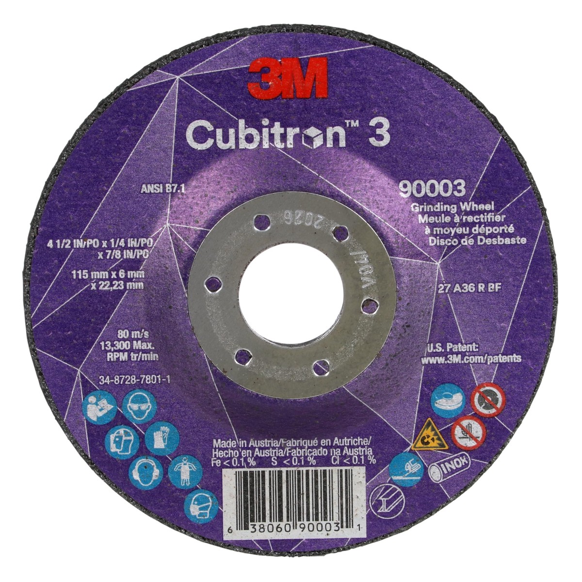 3M Cubitron 3 Depressed Center Grinding Wheel, 90003, 36+, T27, 4-1/2 in x 1/4 in x7/8 in (11x6x22.23), ANSI, Precision Shaped Grain, Beveling, Weld Grinding, Heavy Debur