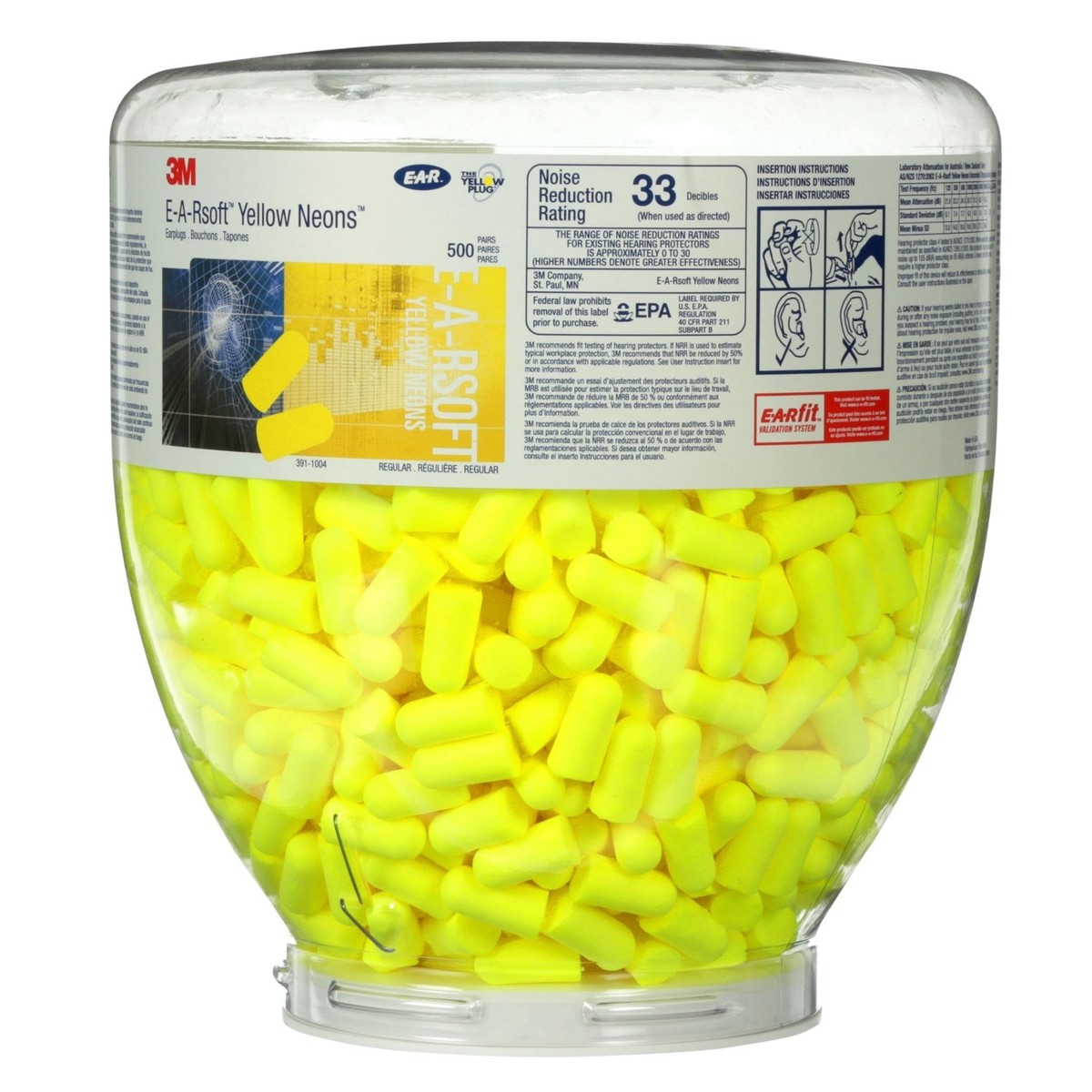 3M E-A-Rsoft Yellow Neons 500 Pair, One Touch Refill Earplugs 391-1004, Uncorded, Regular Size