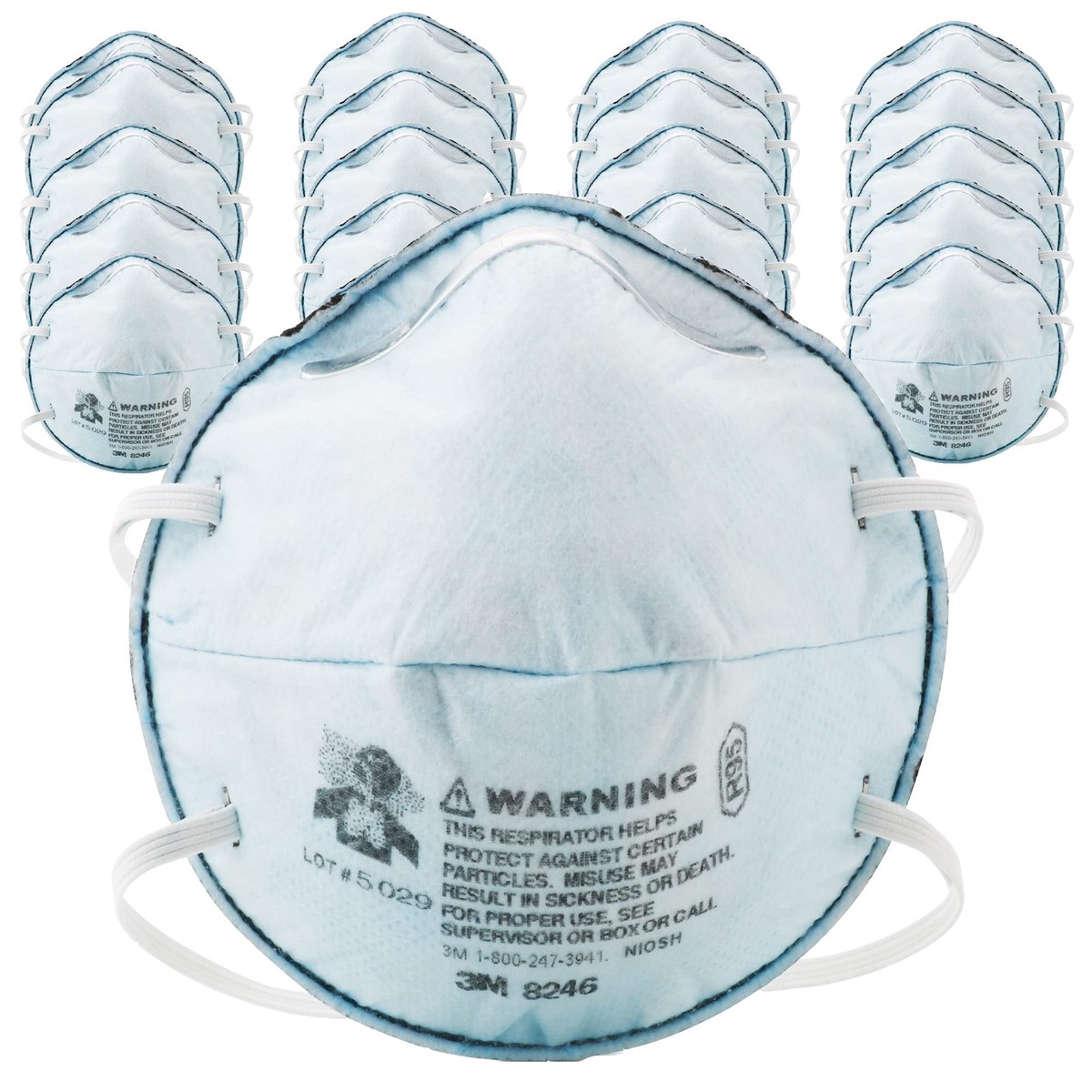 3M Particulate Respirator 8246, Pack of 20, R95, NIOSH APPROVED, with Nuisance Level Acid Gas Relief, Carbon Filter Layer, Collapse Resistant Shell, AG Reduction, Disposa
