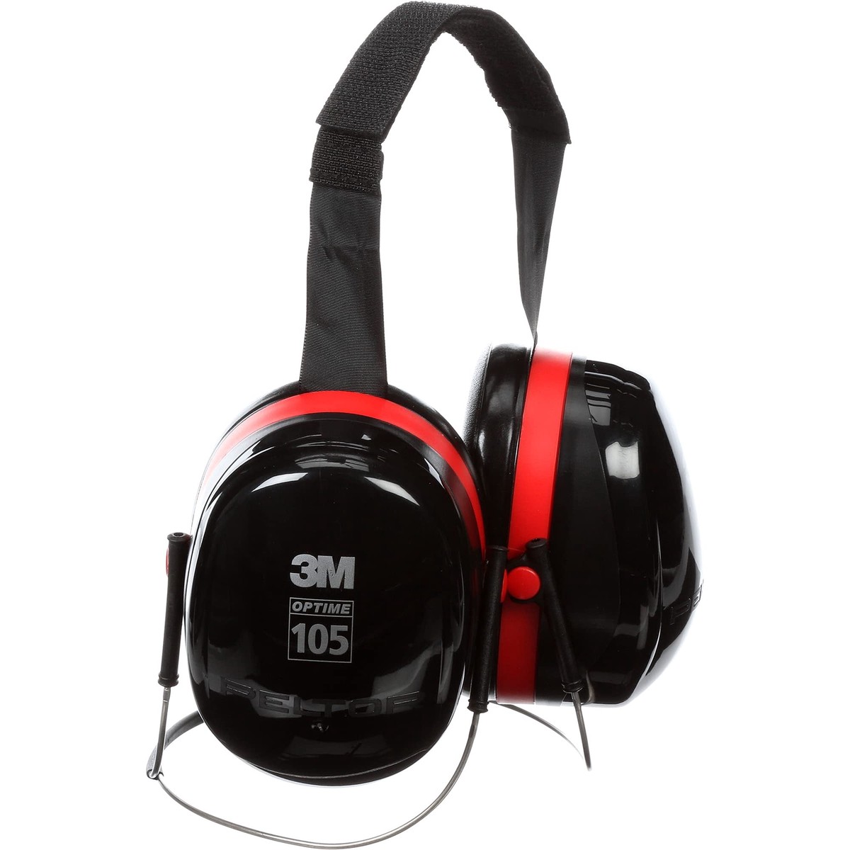 3M PELTOR Hearing Protection Optime 105 Earmuffs, Behind the Head, H10B, 29 dB NRR, Stainless Steel, E-A-Rfit Compatible, Assembly, Sanding, Grinding, Pack of 1, Black/Re