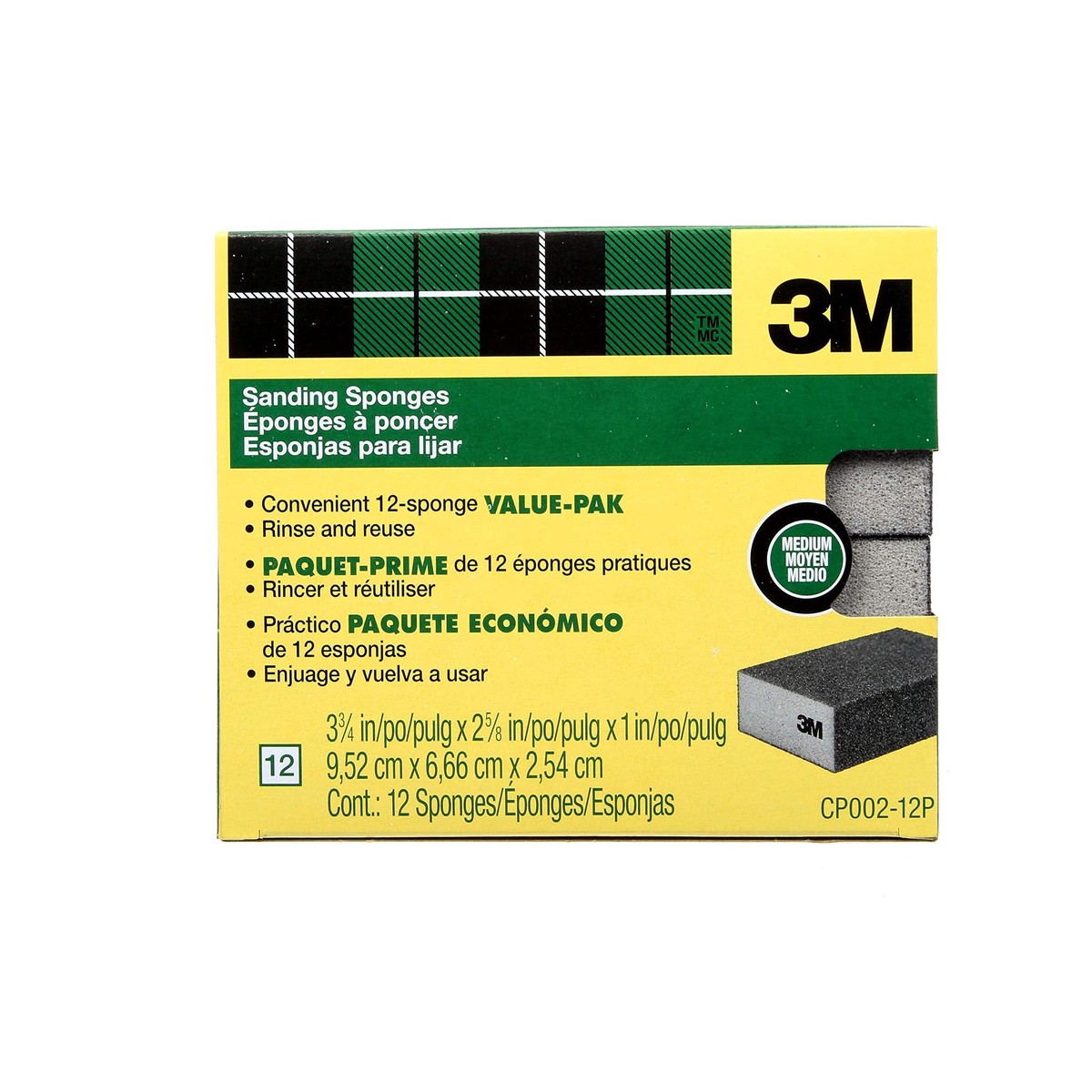 3M Sanding Sponge Block, 12-Pack, Medium Grits, 3-3/4 in x 2-5/8 in, Designed For Sanding Wood, Paint, Metal, Plastic or Drywall, Features 3M Abrasive, Made with Durable