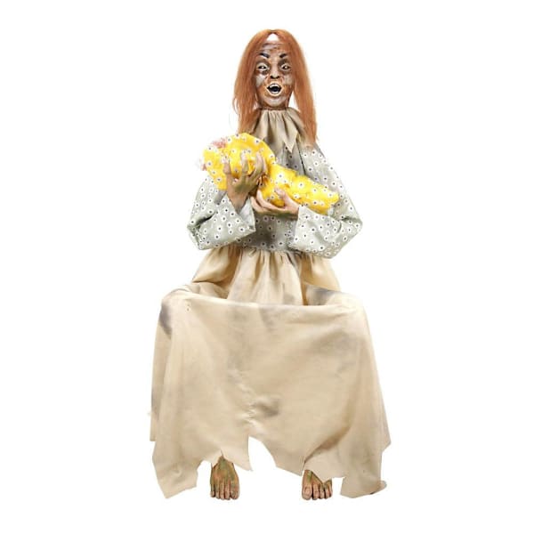 Haunted Hill Farm 3.8' Sitting Animated Creepy Woman Holding Doll Animatronic