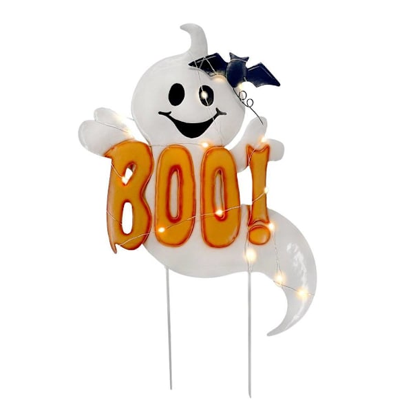 Haunted Hill Farm 24" LED White Happy Halloween Sign With Ghosts & Stake