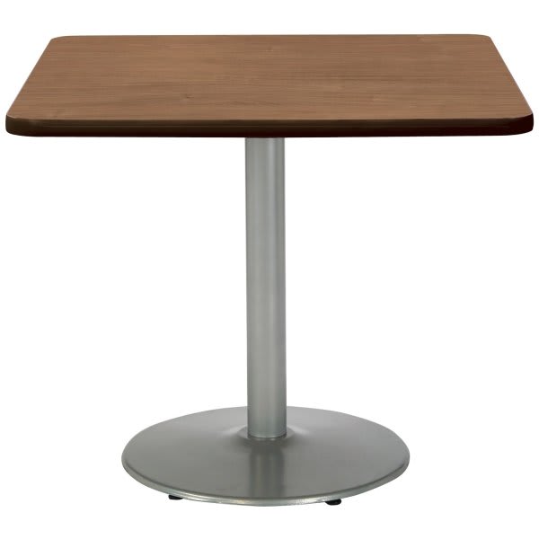 Kfi 36" Square Pedestal Table With River Cherry Top, Round Silver Base