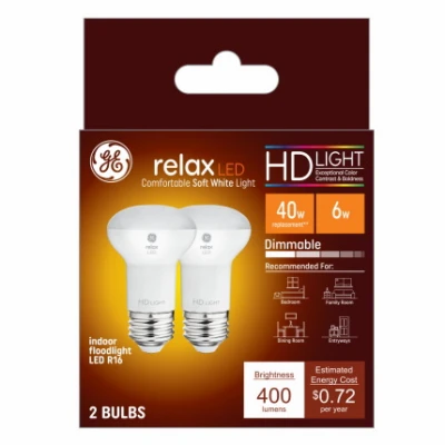 LED Light Bulb, R16 Shape, Medium Base, 400 Lumens, 6 Watt, 2-Pk.