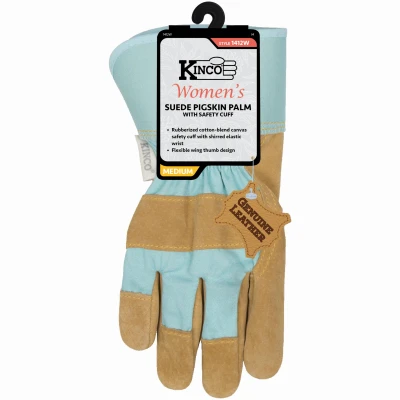 Women's Pigskin Palm Gloves – Aqua Canvas with Elastic Cuff – Size S
