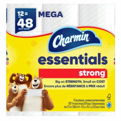 Essentials Strong Toilet Paper, 429 Sheets per Mega Roll, 12 Rolls