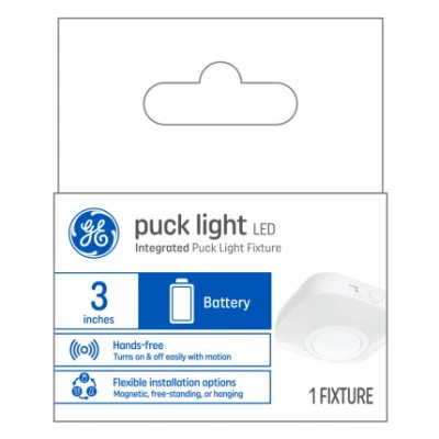 LED Puck Light, White Plastic, Battery Operated, Motion Activated, 0.5 Watt, 3 In.