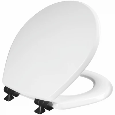 Mayfair Benton Round White Enameled Wood Slow Close Toilet Seat With Matte Black Hinge