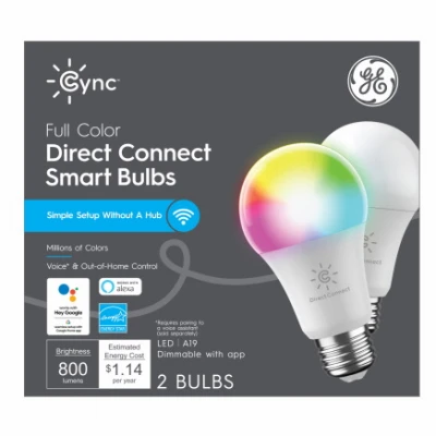 Cync Smart LED Light Bulb, Dimmable, Millions of Colors, A19, 9.5 Watt, 2-Pk.