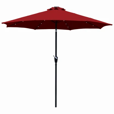 Steel Market Umbrella, 24-LED Lights, Red, 9 Ft.