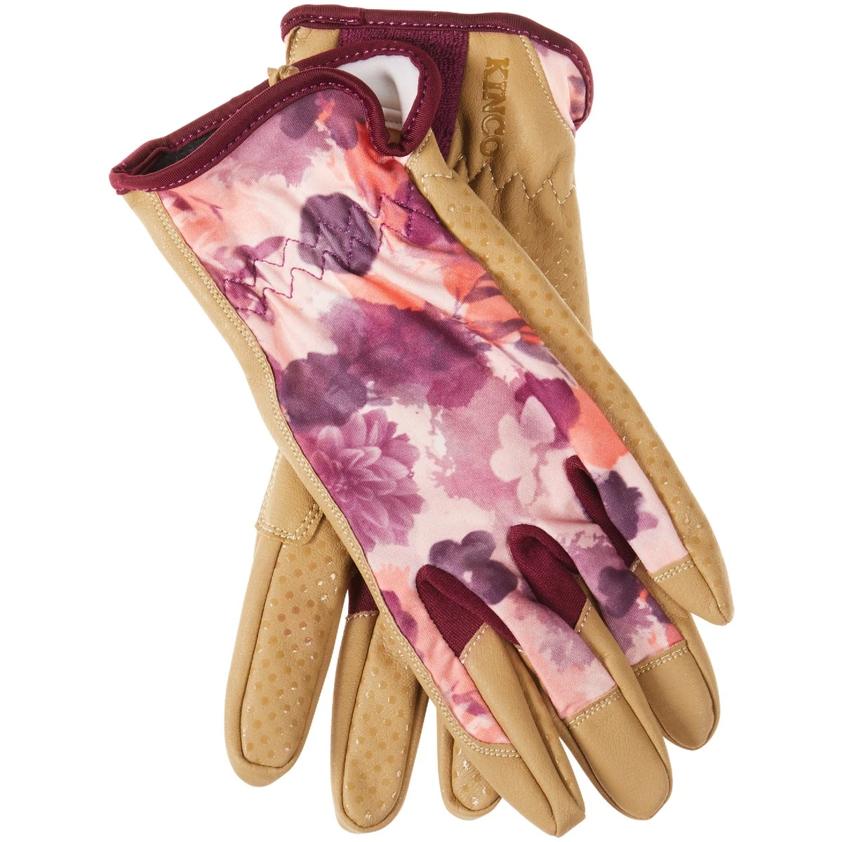 Women's Pro Work Gloves, Synthetic Leather Palm, Red Print Spandex Back, M