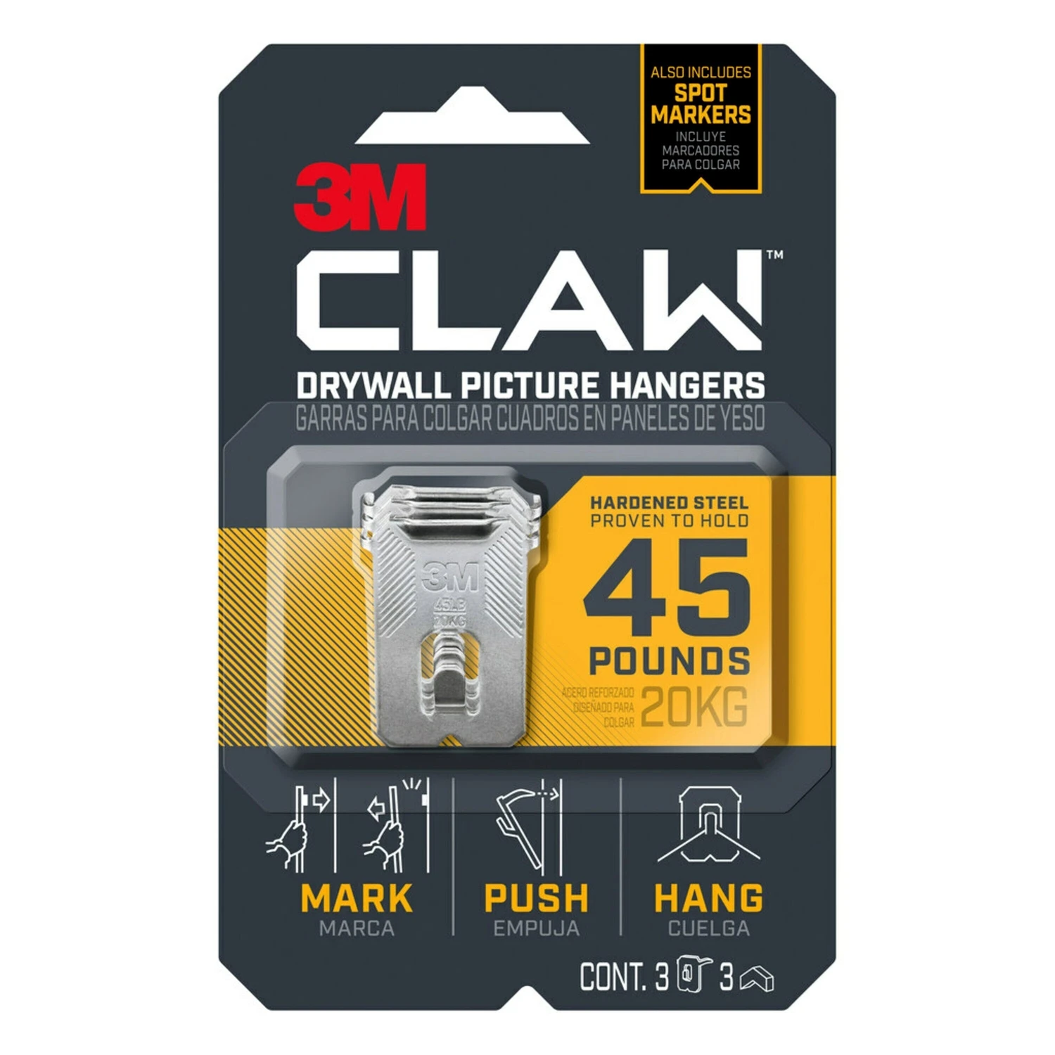 CLAW Drywall Picture Hanger Set, 3 Hangers + 3 Markers, Holds 45-Lbs.