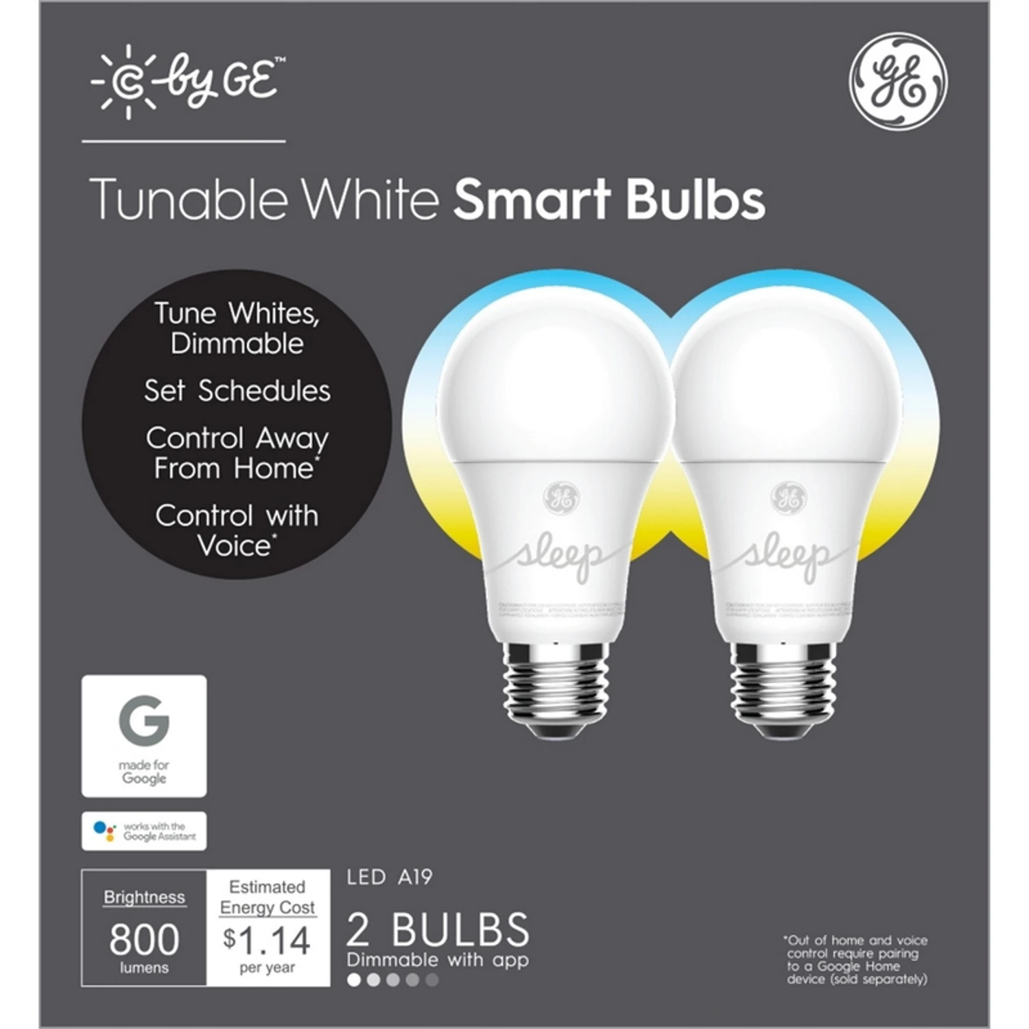 Cync Smart LED Light Bulb, Dimmable, Tunable Soft White Color Supports Sleep, A19, 9.5 Watt, 2-Pk.