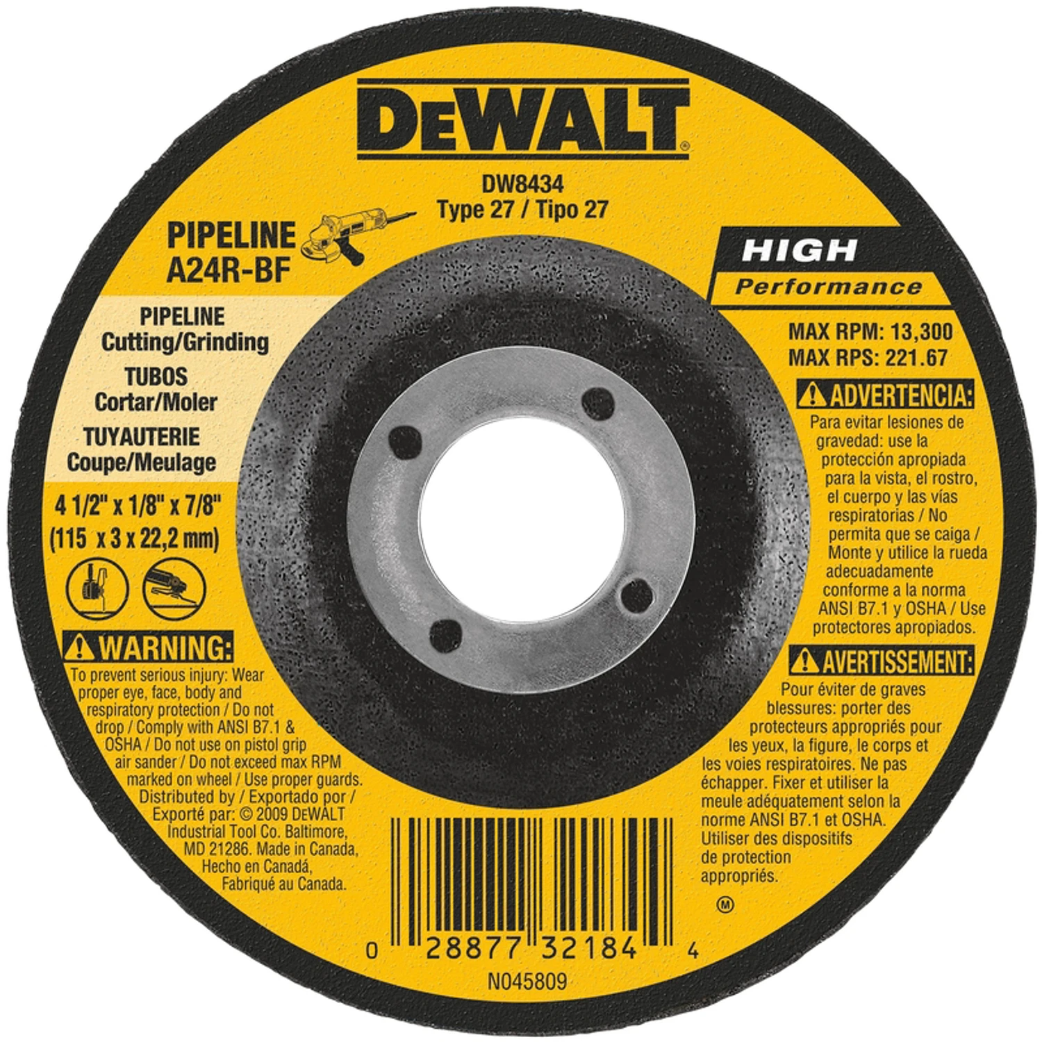 Pipeline Cutting/Grinding Wheel, 4-1/2 In.