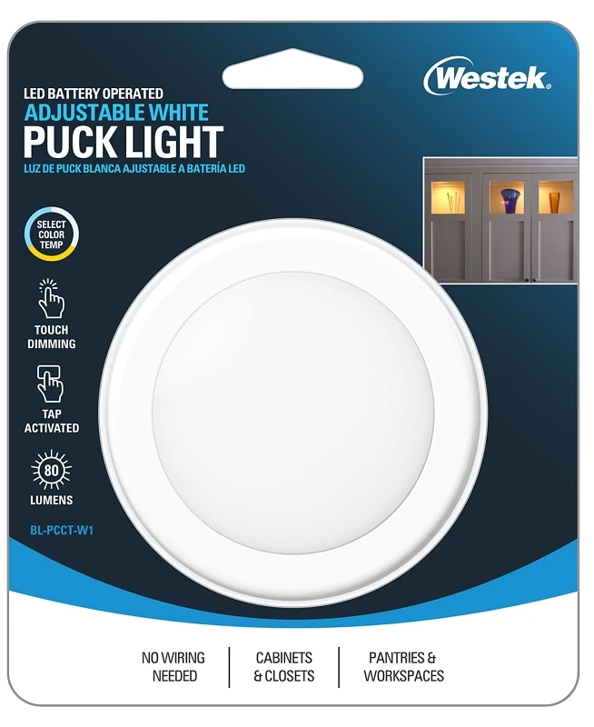 Dimmable LED Puck Light, Battery Operated, White, 2-Pk.