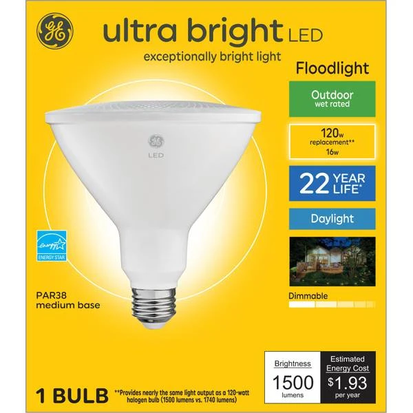 LED Ultra Bright Floodlight Bulb, PAR38 Medium Base, Daylight, 16 Watt