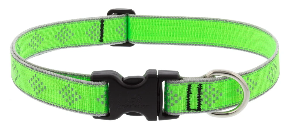 Adjustable Medium Dog Collar, Reflective Green Diamond Pattern, 1 x 16 - 28-In.