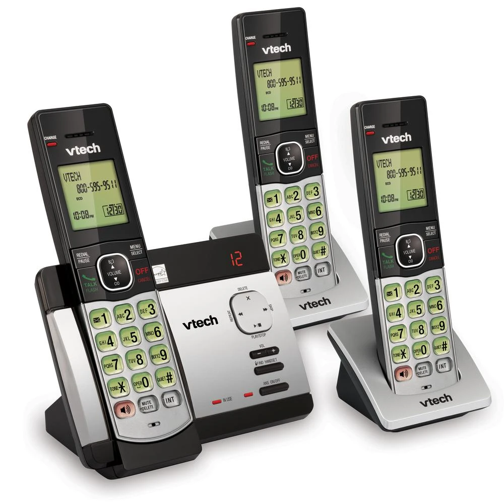 6.0 Expandable Cordless Phone with 3 Handsets, Answering System and Caller ID, Silver/Black