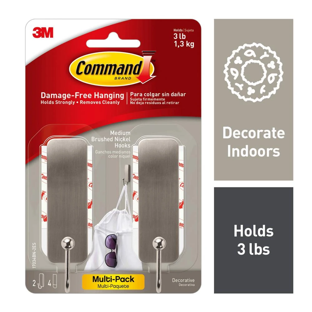 Medium Brushed Nickel Hooks, 2 Hooks/4 Strips