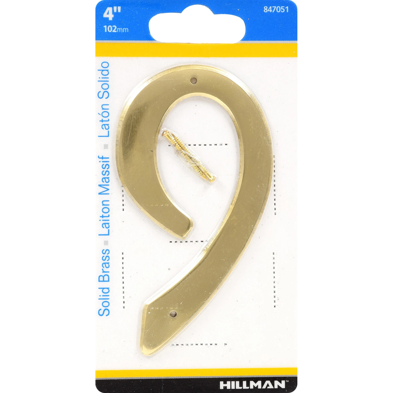 House Address Number 9, Nail-On, Brass, 4-In.