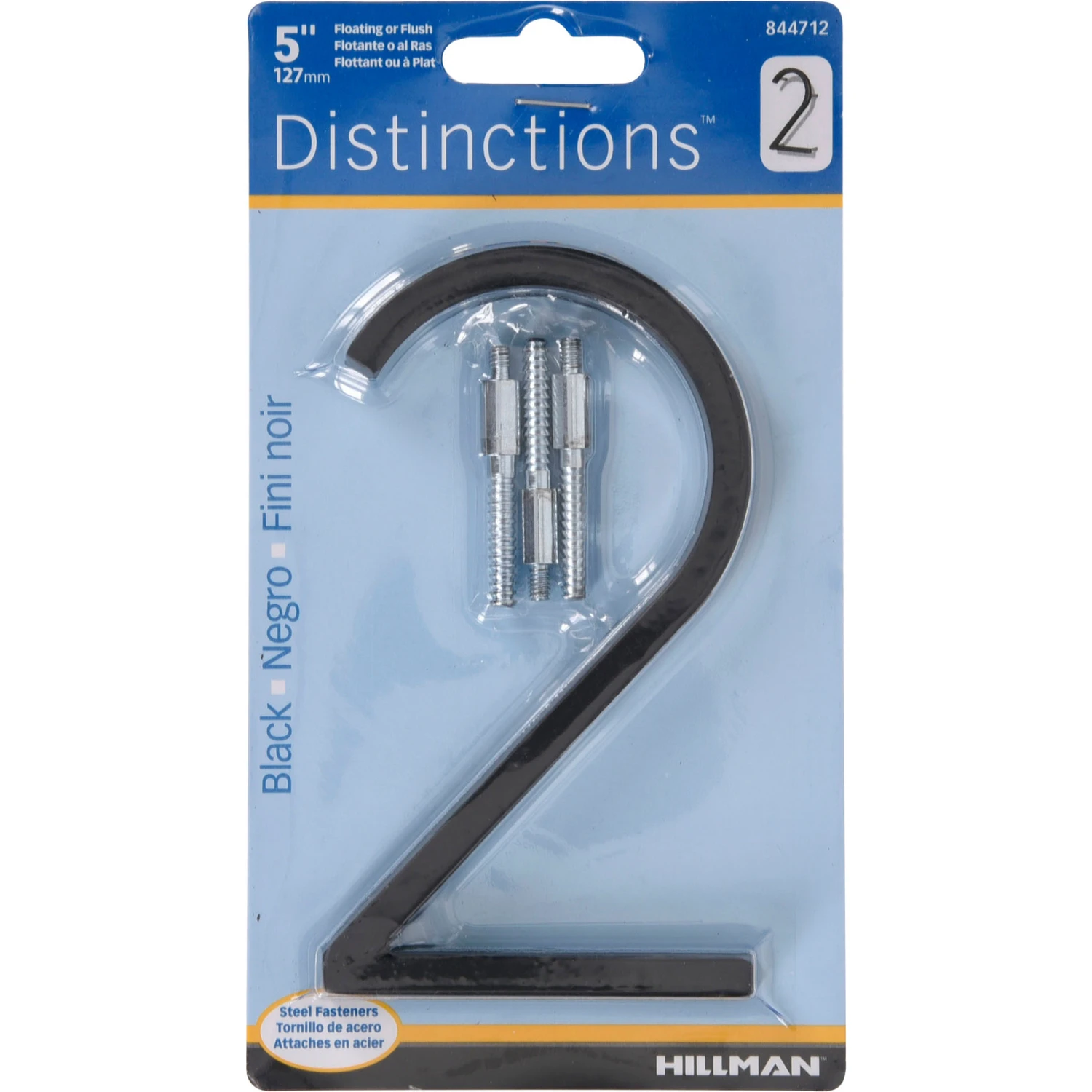 Distinctions House Address Number 2, Flush/Floating Screw Mount, Black Zinc, 5-In.