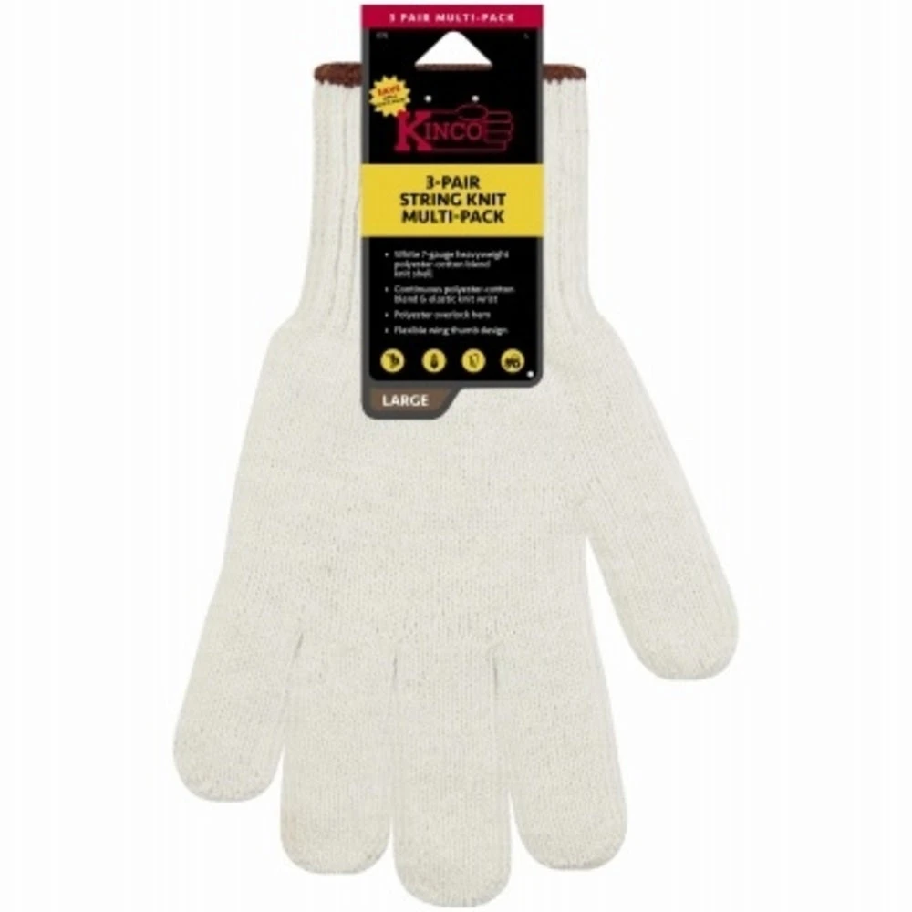 Polyester Gloves, White, Men's M, 3-Pk.