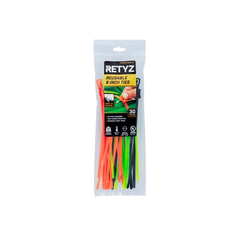 EveryTie Releasable/Reusable Cable Ties, Black & Orange, 8 In., 30-Pk.