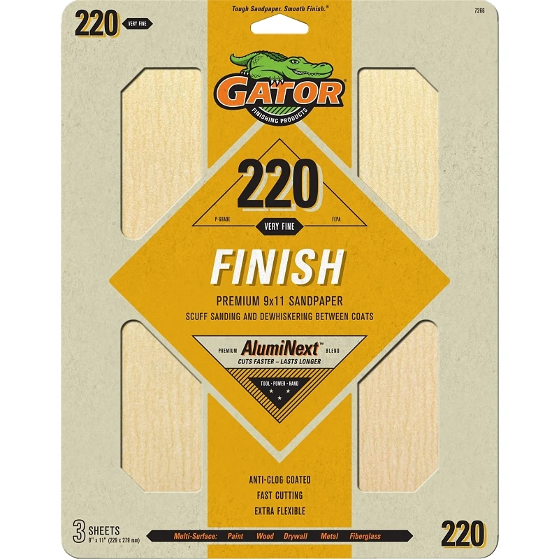 Sandpaper Sheet, 220-Grit, 9 x 11 In., 3-Pk.