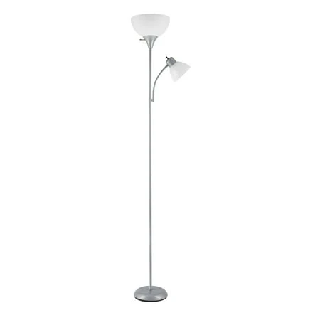 Delilah Torchiere Floor Lamp + Adjustable Reading Light, Silver, 72-In.