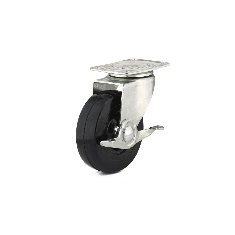 Swivel Plate Caster, Side Brake, Rubber Wheel, 4 In.